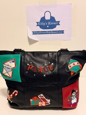 Rossetti Black Holiday Themed Tote Bag with 'Peace' Embroidery & Festive Patches